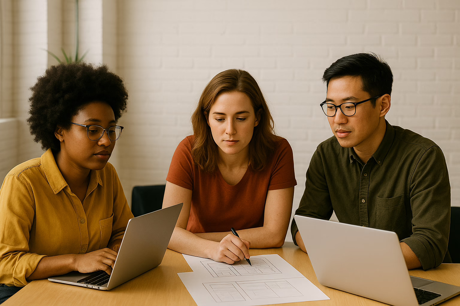 Diverse team of three professionals collaborating on website design wireframes at a modern office table with laptops, discussing UX and layout planning.
