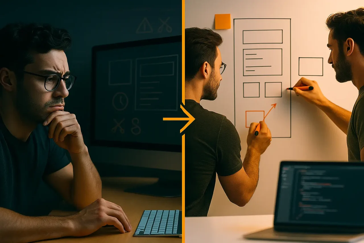 Split-scene image showing a web designer transitioning from frustration at a dark computer screen to collaborative planning on a bright whiteboard, symbolizing the move from poor design execution to structured UX planning.