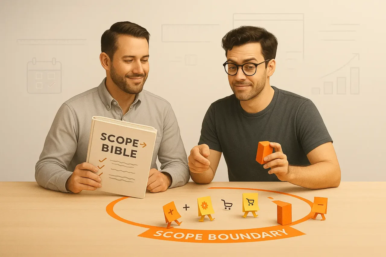 Two project managers sit at a desk labeled “Scope Boundary,” one holding a large book titled “Scope Bible,” as they discuss project features represented by small icons—illustrating scope management and clear project planning in web development.
