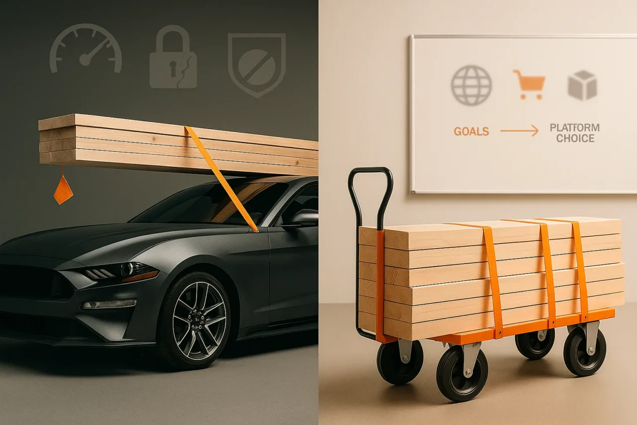 Side-by-side concept comparing a sports car overloaded with lumber versus a sturdy cart carrying the same wood—metaphor for matching the right digital platform to project goals and capacity in website development.