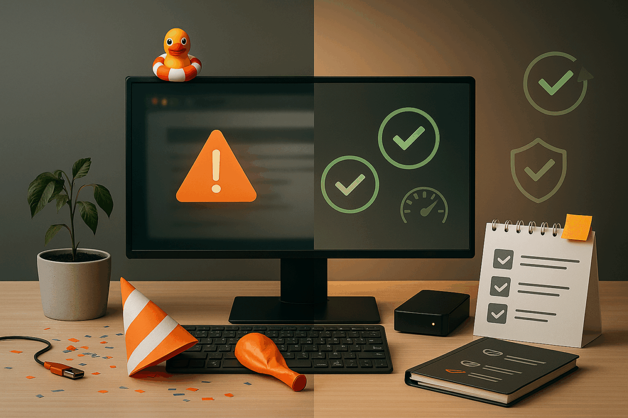 Dual-tone workspace showing a messy, error-filled setup on the left and a clean, efficient desk on the right—representing the transformation from chaotic debugging to optimized, secure website performance.