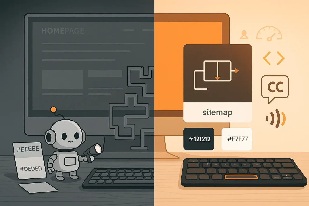 Split computer scene with a grayscale robot testing inaccessible website code on the left and a bright, compliant design with accessibility icons on the right—highlighting the importance of color contrast, accessibility, and inclusive web design.