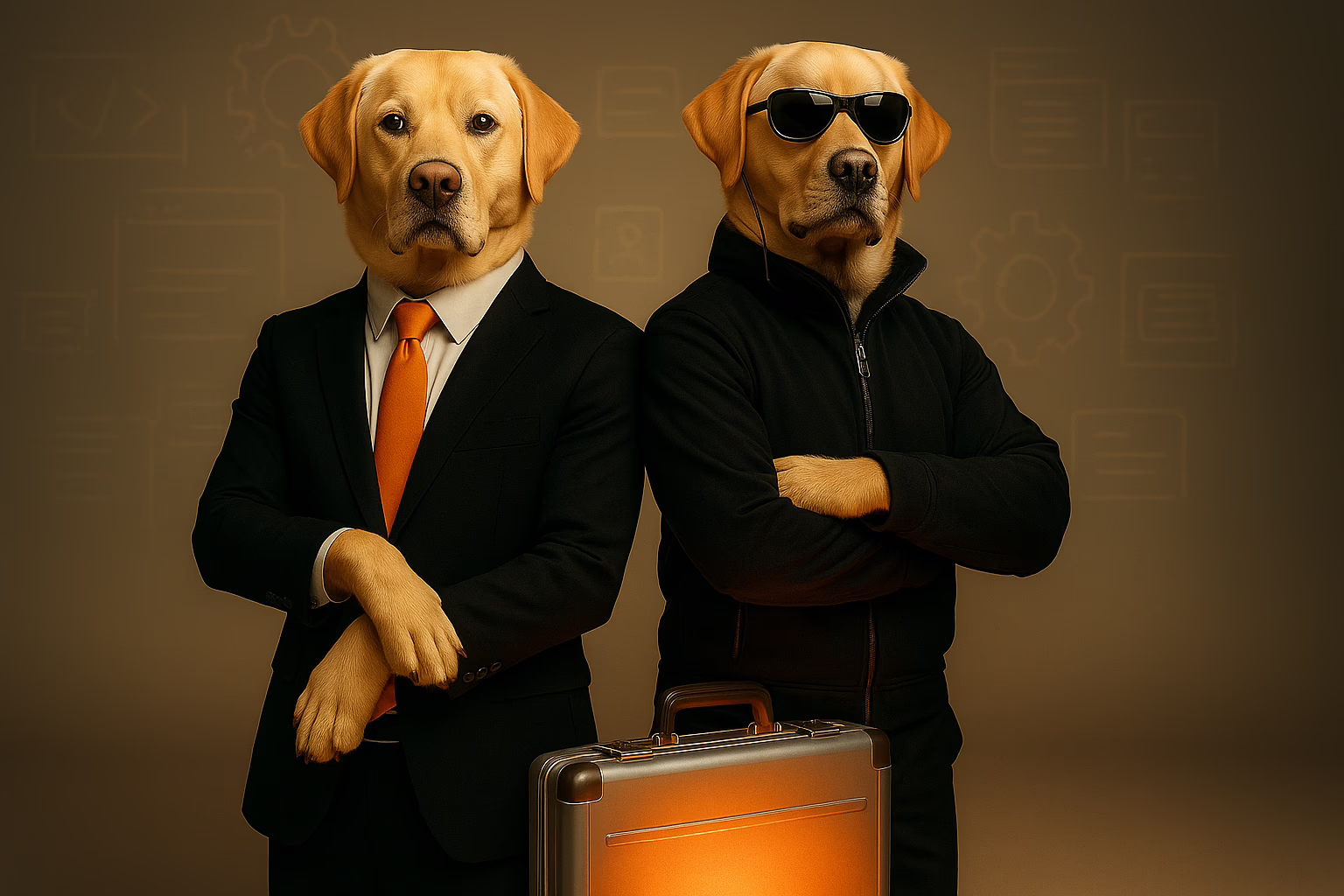 Two yellow Labradors dressed as stylish secret agents stand confidently with crossed paws beside a glowing briefcase, symbolizing white-label development as the secret weapon for growing creative agencies.